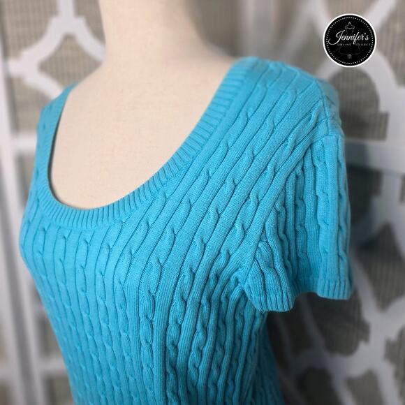 Jeanne Pierre Petite Teal/Turquoise Cable Knit Scoop Neck Cap Sleeve Sweater PL - Picture 2 of 8